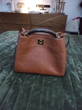 PURIFICACION GARCIA Leather Satchel with Contrasting Top Handle